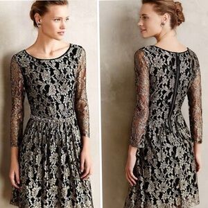 Anthropologie Maeve Lacefall Black Gold Floral Lace Dress